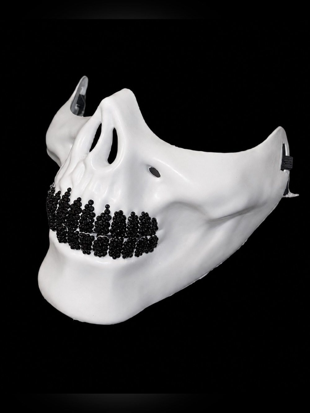 White Half Skull Mask Blinged Black Crystal Grillz EDC Rave Costume Halloween